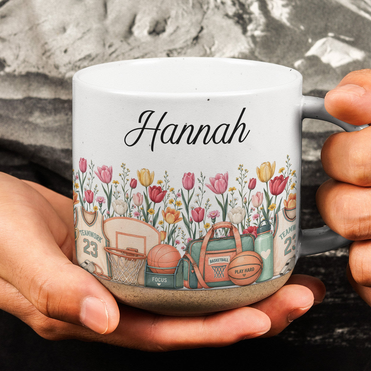 Custom Birth Flower & Name Pottery Mug - Gift For Basketball Fan Basketball Lover - Personalized Mug